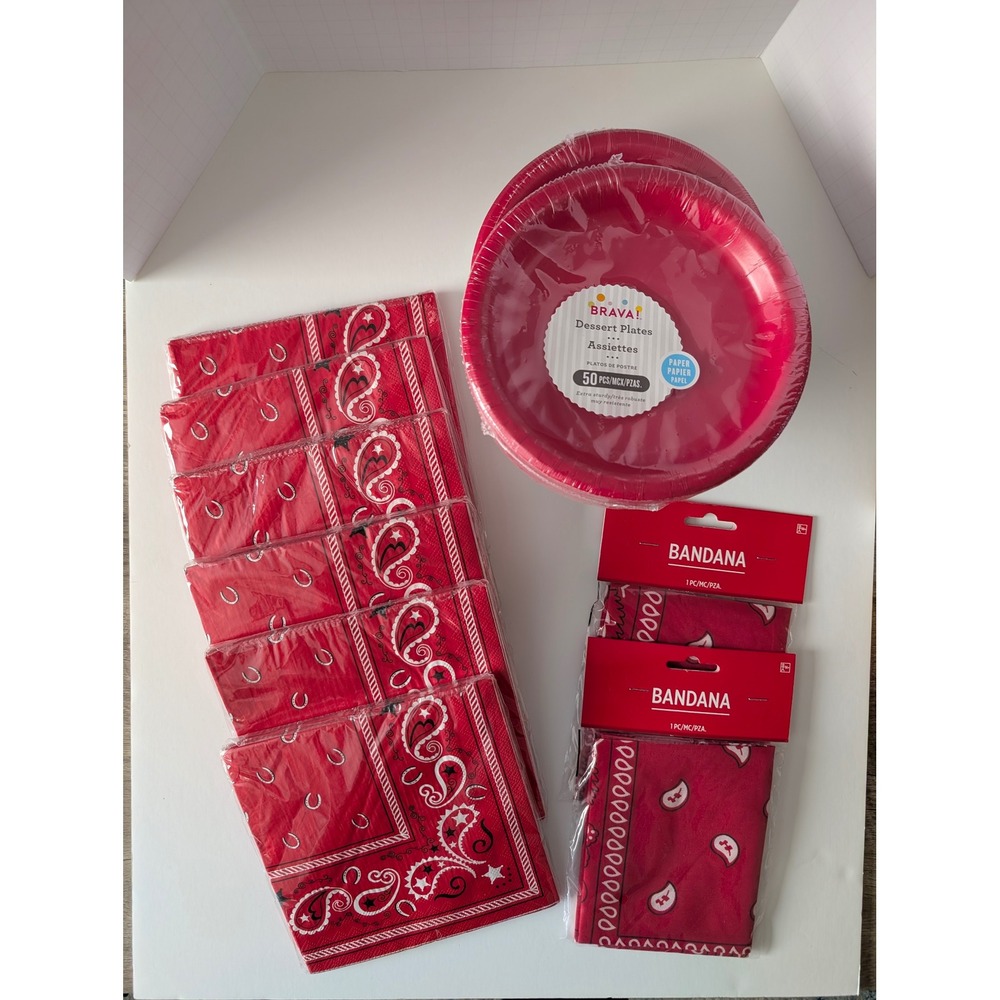 Western Red Bandana Party Supplies Set Plates Napkins Bandanas Cowboy Theme 198p - Picture 2 of 13